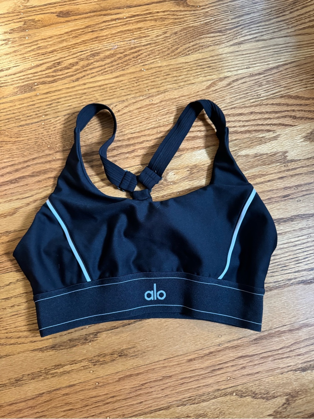 ALO Yoga Black Sports Bra with Light Blue Trim